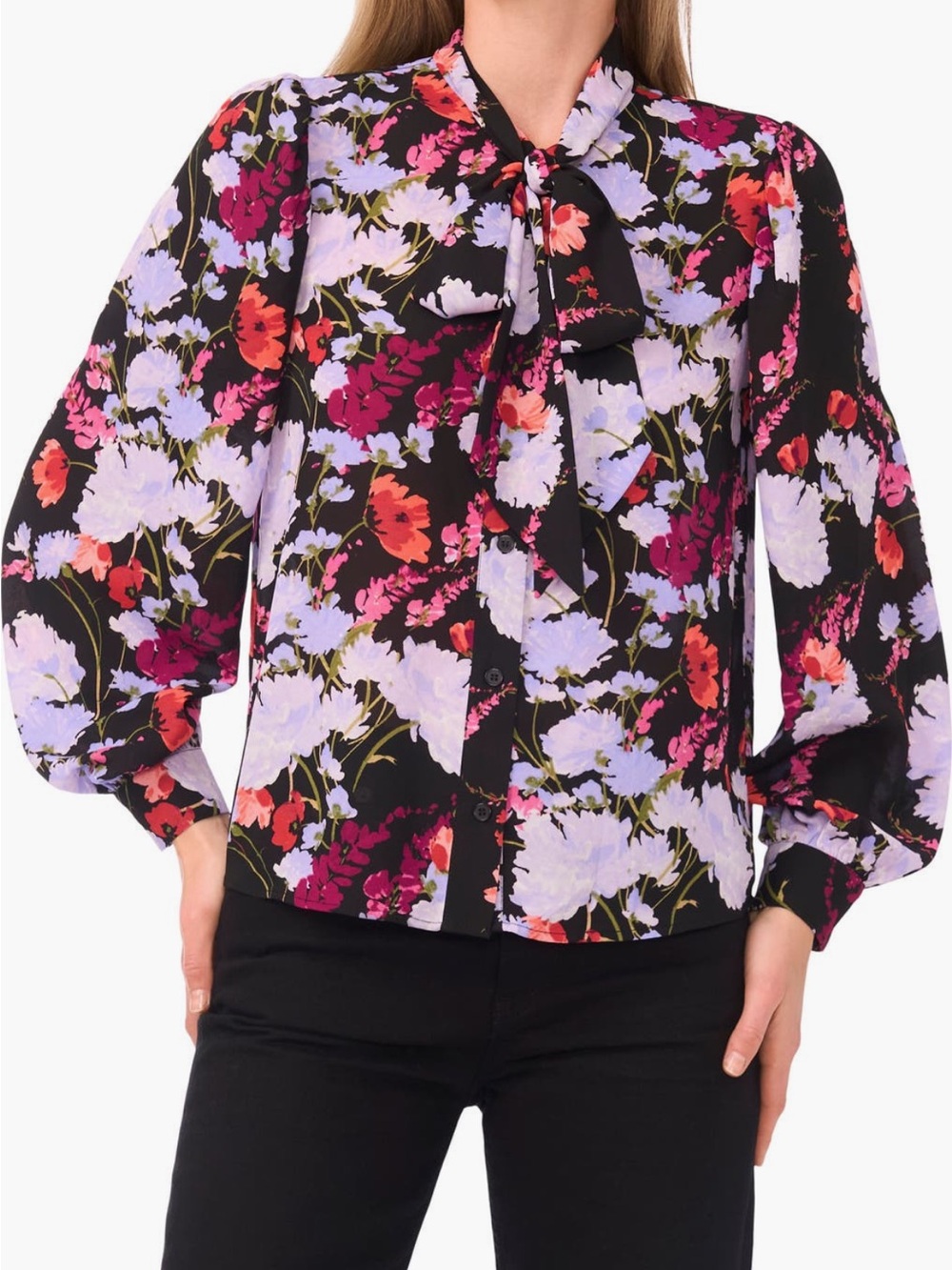 Ted Baker London Black Floral Tie-Neck Blouse with Lavender and Coral Accents